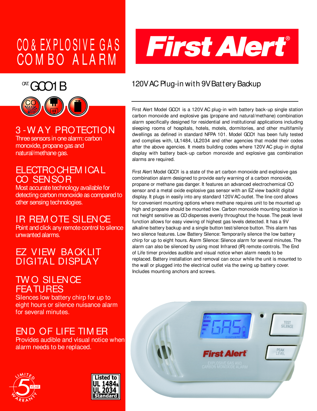 First Alert manual CAT.GCO1B, Co&Explosive Gas Combo Alarm, Wayprotection, Ir Remote Silence, Two Silence Features 