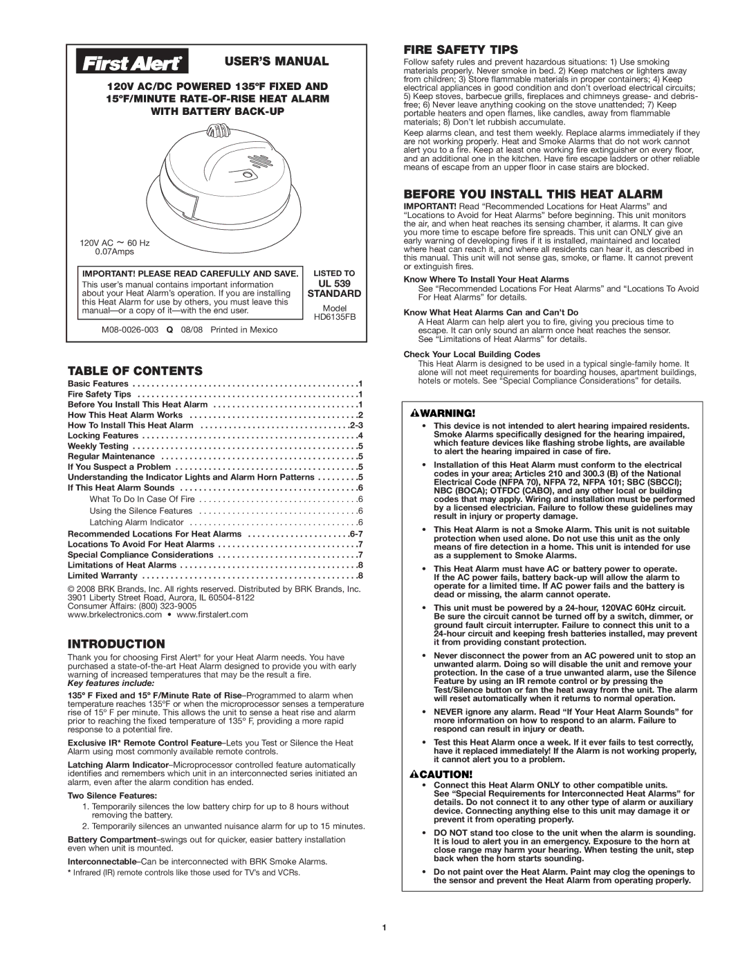 First Alert HD6135FB user manual USER’S Manual, Fire Safety Tips, Before YOU Install this Heat Alarm, Table of Contents 