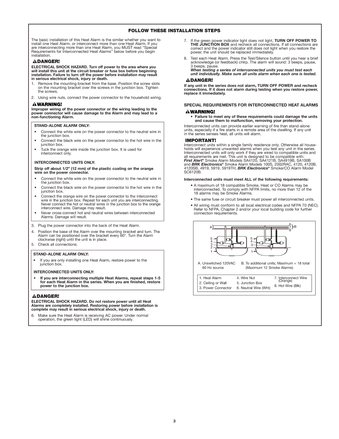 First Alert HD6135FB user manual Follow These Installation Steps, Special Requirements for Interconnected Heat Alarms 