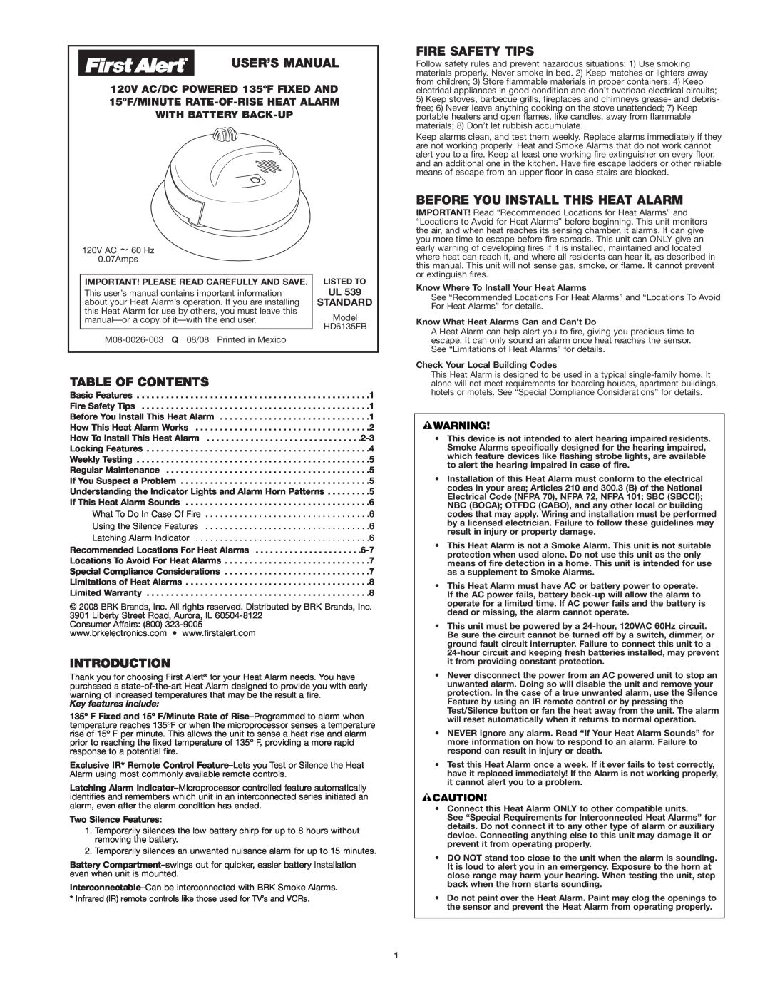 First Alert HD6135FB user manual User’S Manual, Fire Safety Tips, Before You Install This Heat Alarm, Table Of Contents 