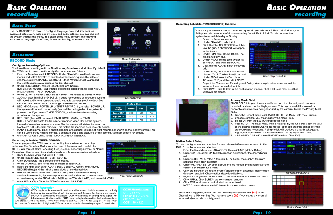 First Alert HS-4705-400 user manual Recording, Record Mode, Basic Setup, Cctv Resolution 