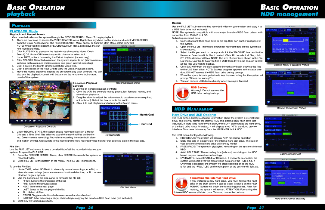 First Alert HS-4705-400 user manual HDD management, Playback Mode, Hard Drive and USB Options 