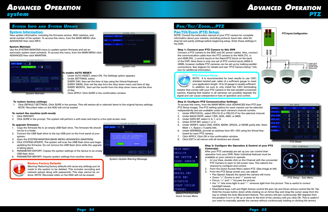 First Alert HS-4705-400 System Information, Pan/Tilt/Zoom PTZ Setup, System Info and System Update, PTZ Camera Setup 