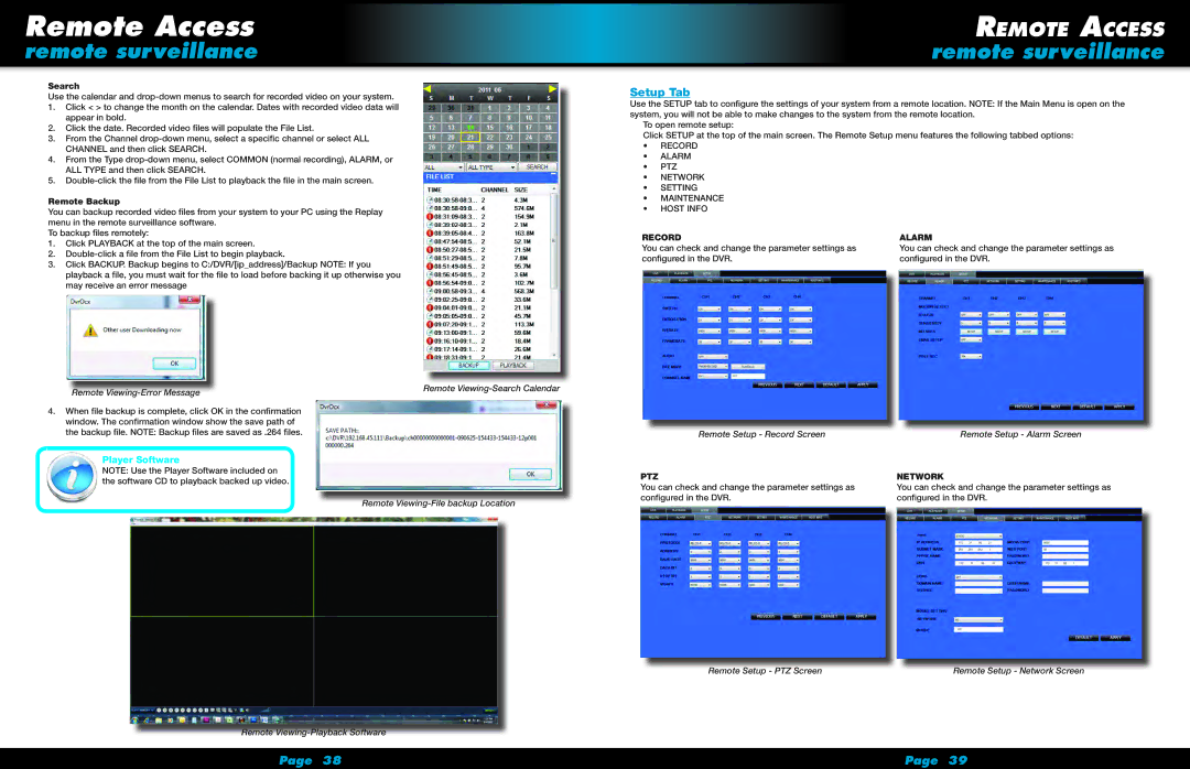 First Alert HS-4705-400 user manual Setup Tab, Player Software, Search, Remote Backup 