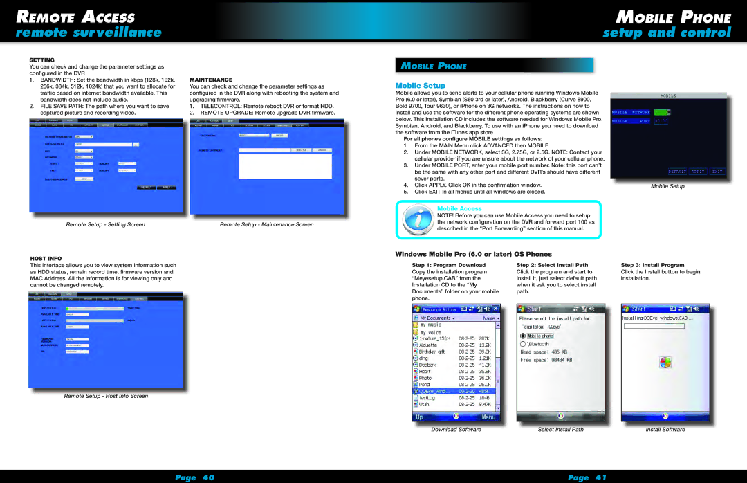 First Alert HS-4705-400 Setup and control, Mobile Setup, Mobile Phone, Windows Mobile Pro 6.0 or later OS Phones 