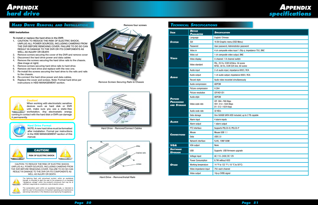 First Alert HS-4705-400 Hard drive, Hard Drive Removal and Installation, Technical Specifications, Hard Drive Format 