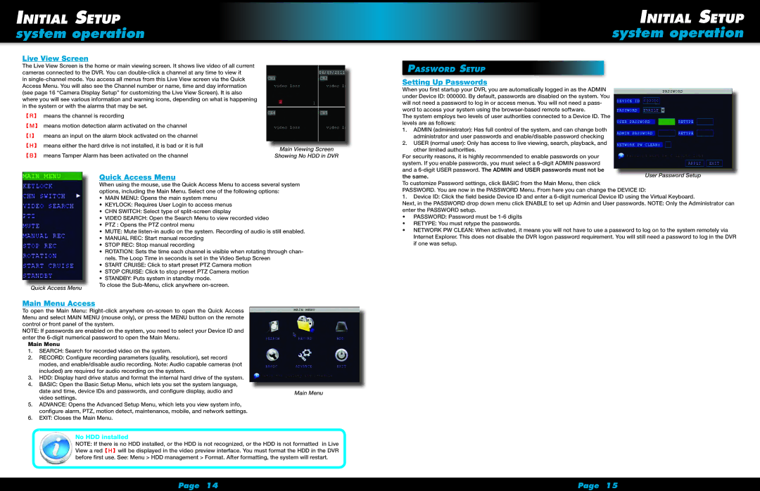 First Alert HS-4705-400 Live View Screen, Setting Up Passwords, Quick Access Menu, Main Menu Access, Password Setup 