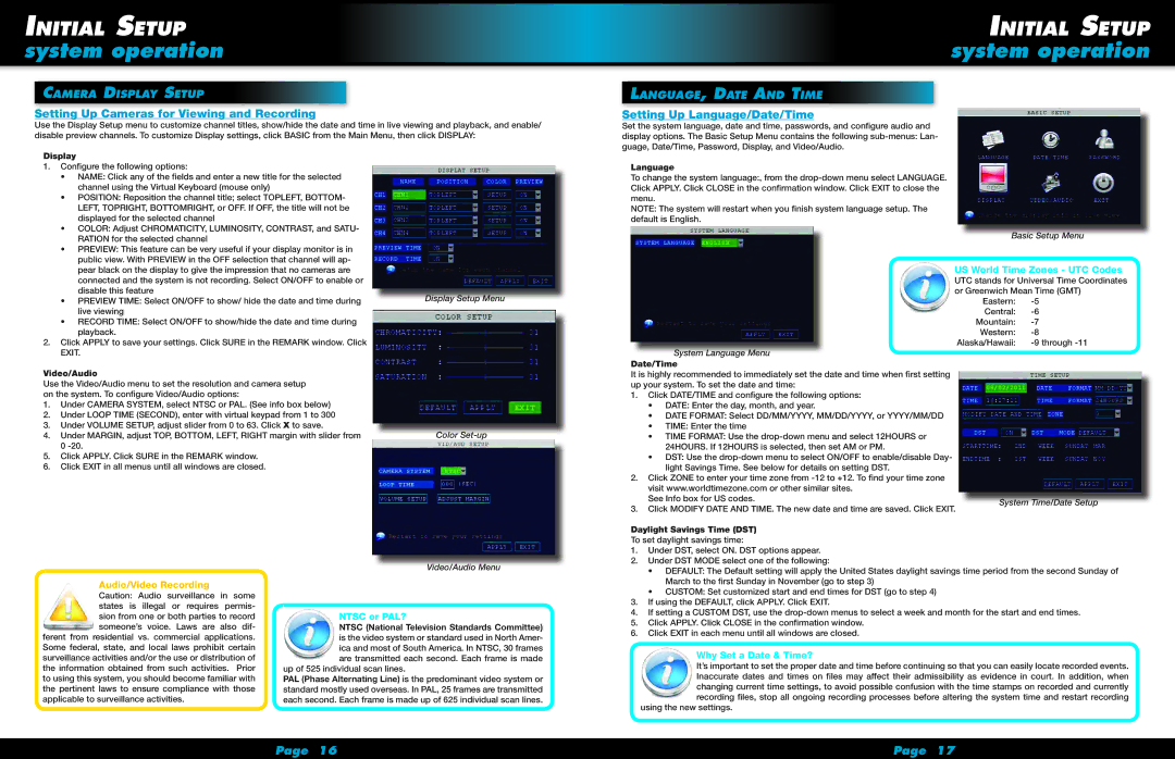First Alert HS-4705-400 Setting Up Cameras for Viewing and Recording, Setting Up Language/Date/Time, Camera Display Setup 