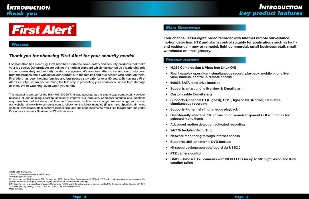 First Alert HS-4705-400 user manual thank you, key product features, Introduction 