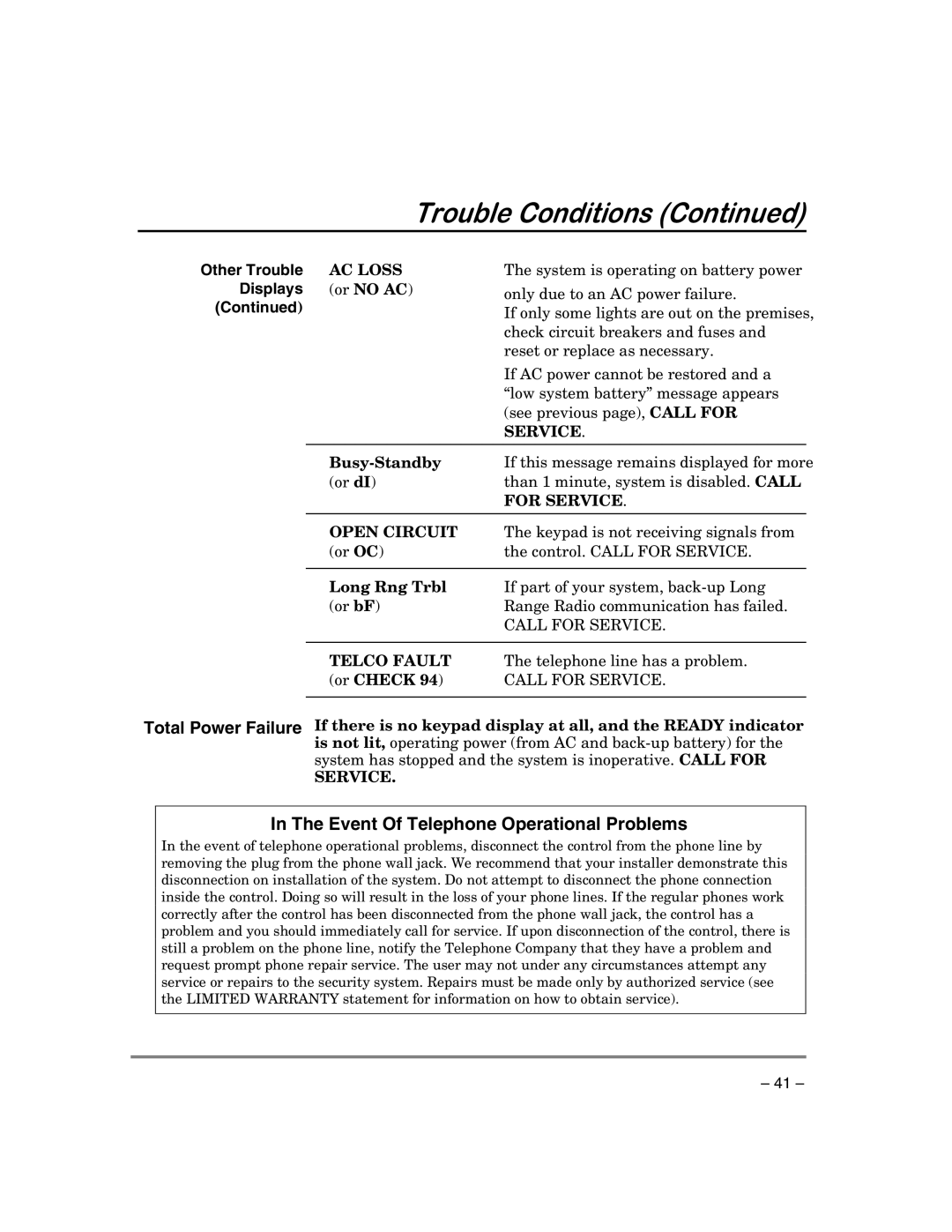 First Alert K5309-5V2 manual Busy-Standby, Long Rng Trbl 