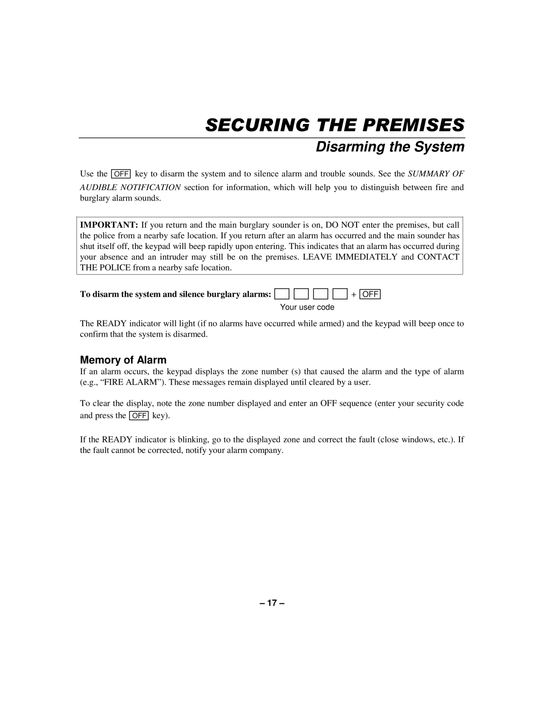 First Alert K596-1 9 manual Disarming the System, Memory of Alarm, Police from a nearby safe location, Key 