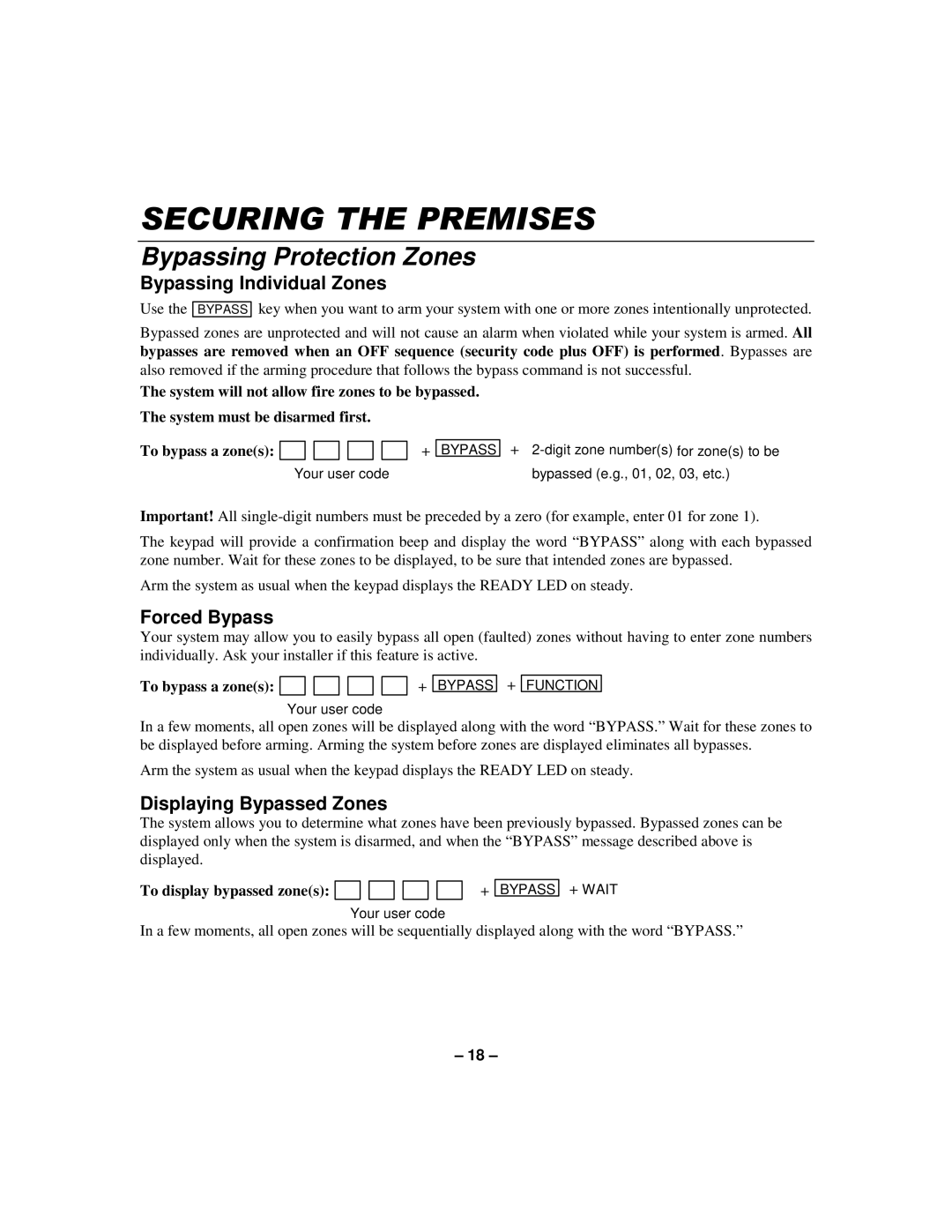 First Alert K596-1 9 Bypassing Protection Zones, Bypassing Individual Zones, Forced Bypass, Displaying Bypassed Zones 