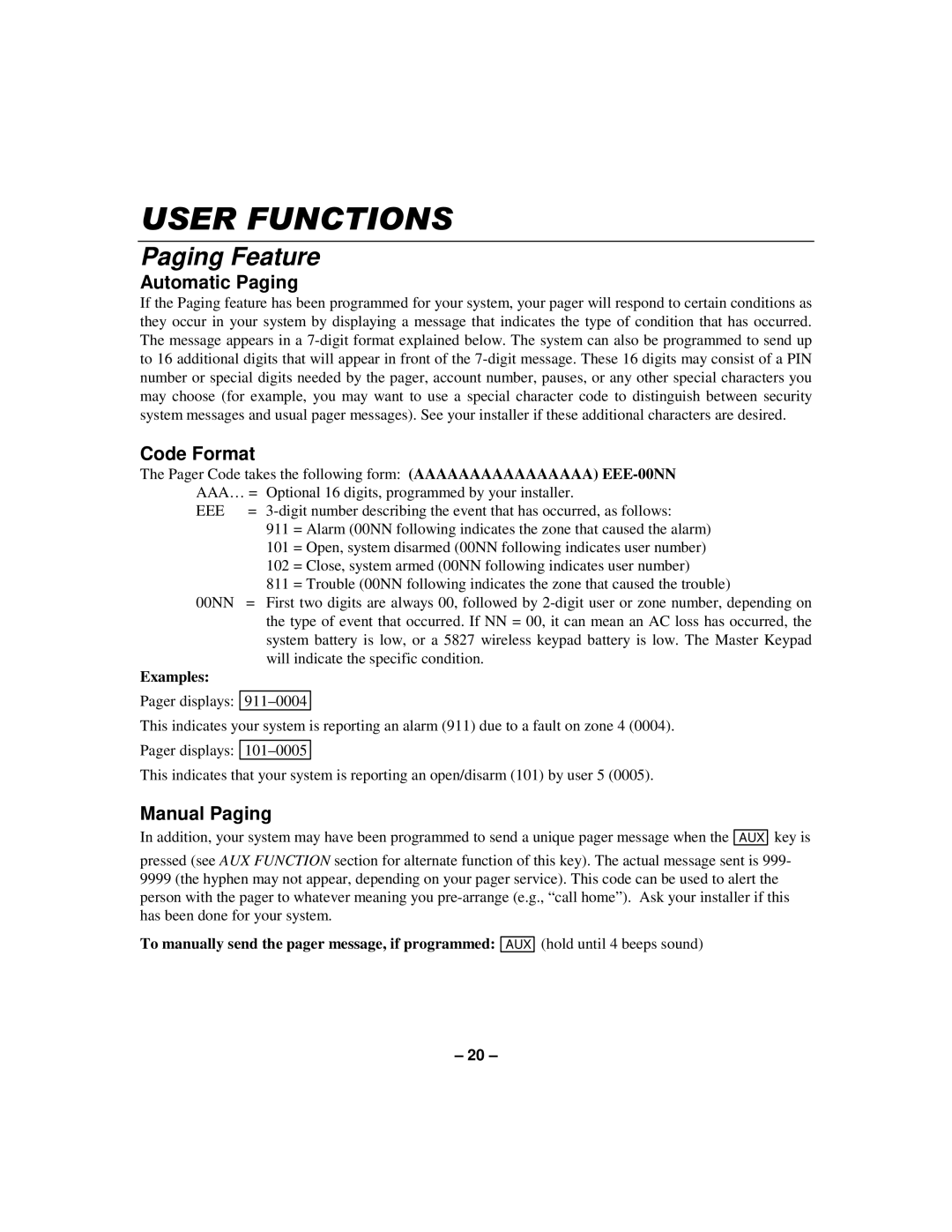 First Alert K596-1 9 manual Paging Feature, Automatic Paging, Code Format, Manual Paging, Aaaaaaaaaaaaaaaa EEE-00NN 