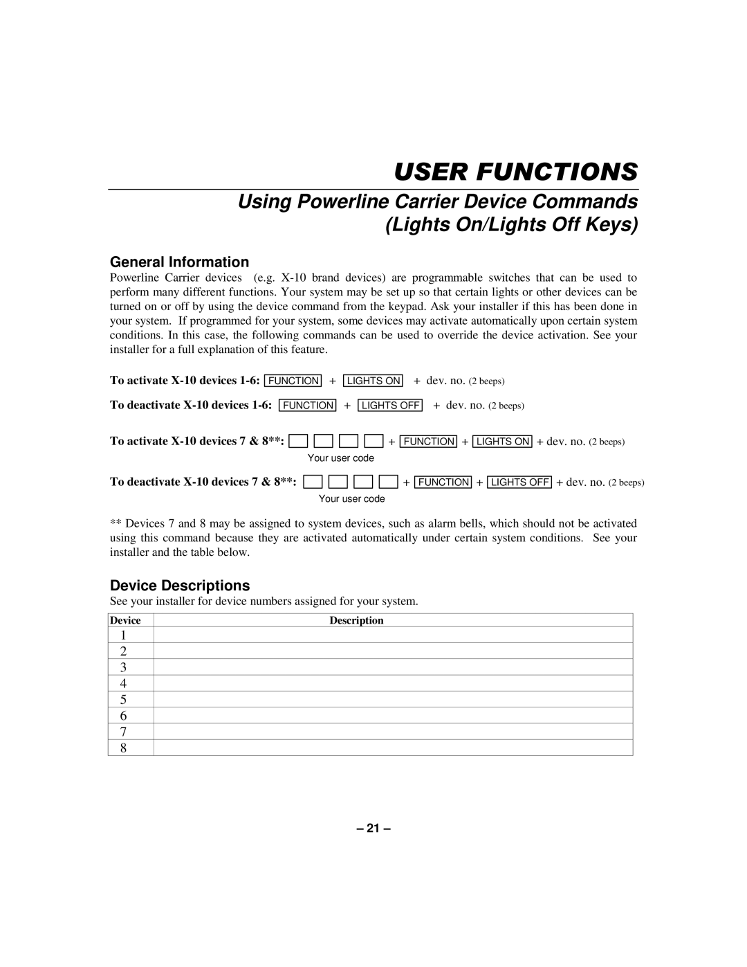 First Alert K596-1 9 manual Device Descriptions, To deactivate X-10 devices, To activate X-10 devices 7 