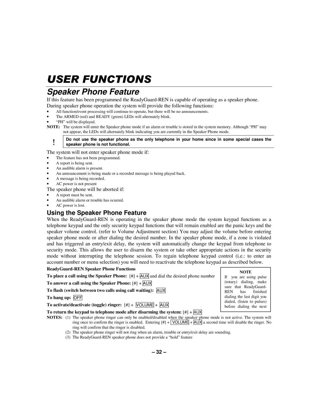 First Alert K596-1 9 manual Using the Speaker Phone Feature, System will not enter speaker phone mode if 