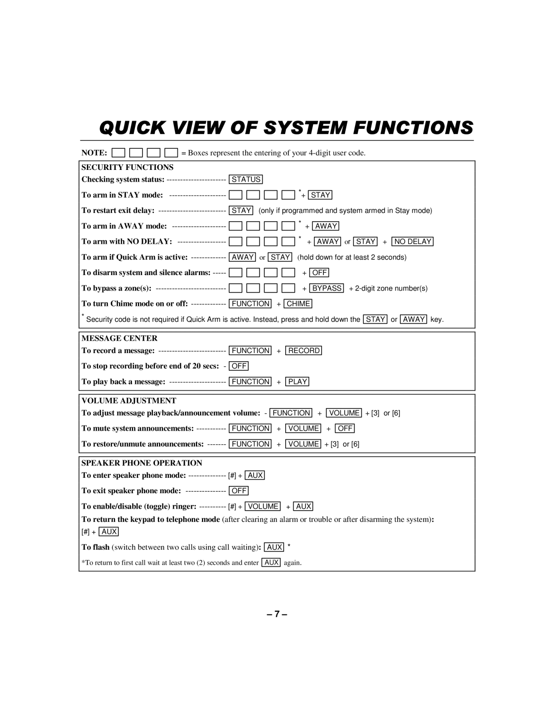 First Alert manual 48,&.9,2667081&7,216, Security Functions, Message Center, Volume Adjustment, Speaker Phone Operation 