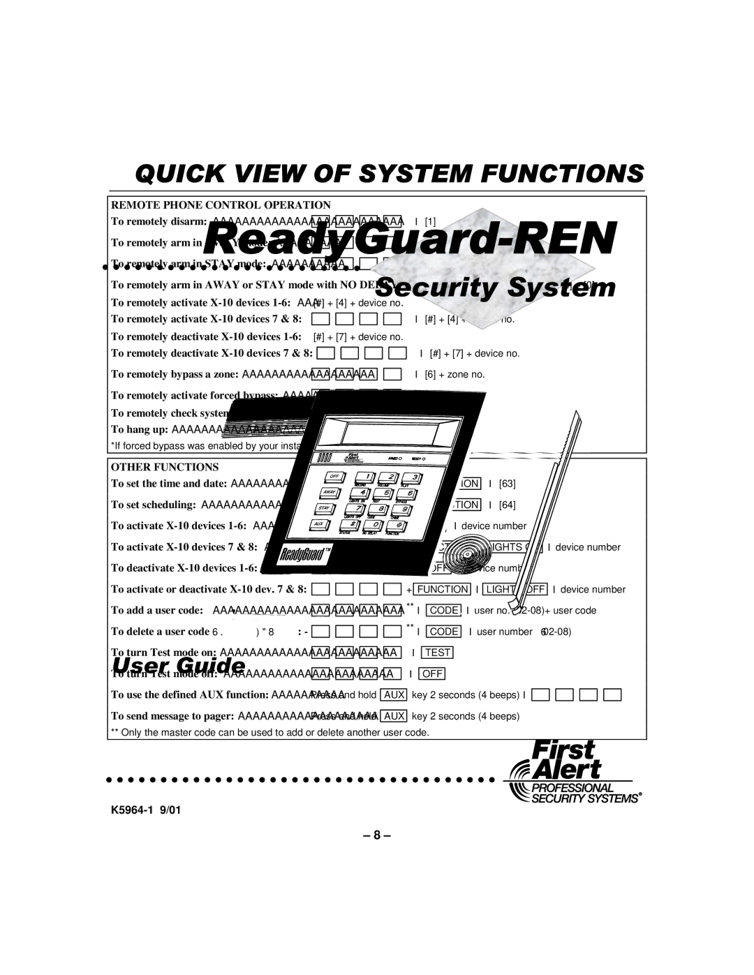 First Alert K596-1 9 To remotely activate X-10 devices, To remotely bypass a zone, To remotely activate forced bypass 