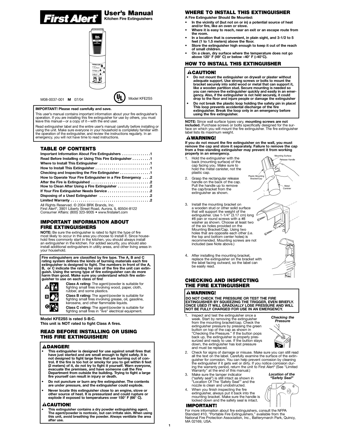 First Alert KFE2S5 user manual Table of Contents, Important Information about Fire Extinguishers 