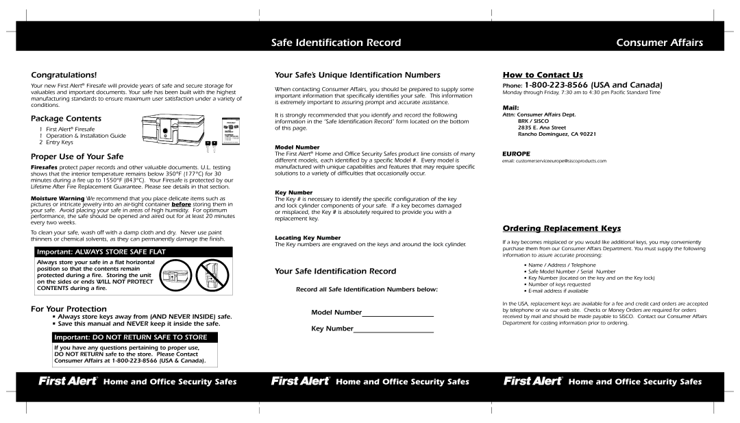 First Alert MMSKYE0709 warranty How to Contact Us, Ordering Replacement Keys 