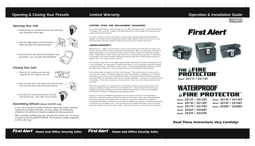 First Alert MMSKYE0709 warranty Opening & Closing Your Firesafe, Limited Warranty, Operation & Installation Guide, English 