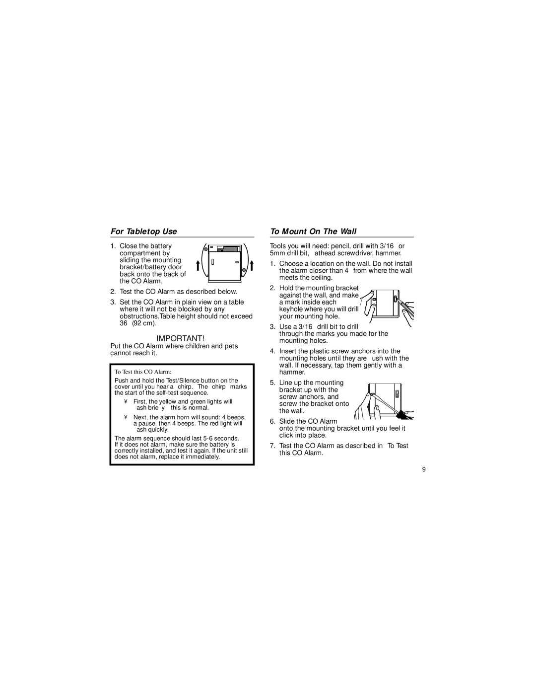 First Alert MODEL FCD3N user manual For Tabletop Use, To Mount On The Wall 