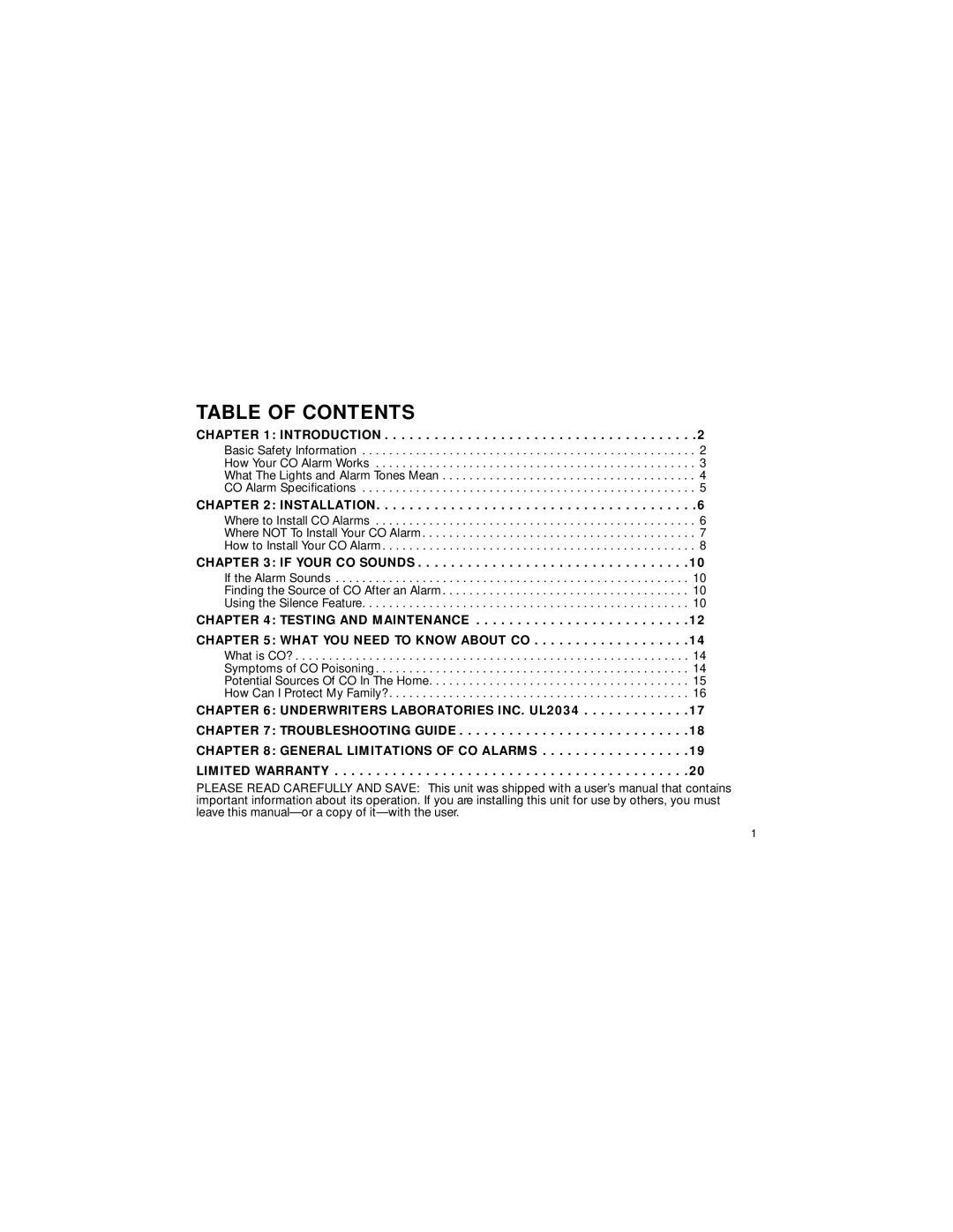 First Alert MODEL FCD3N user manual Table of Contents 