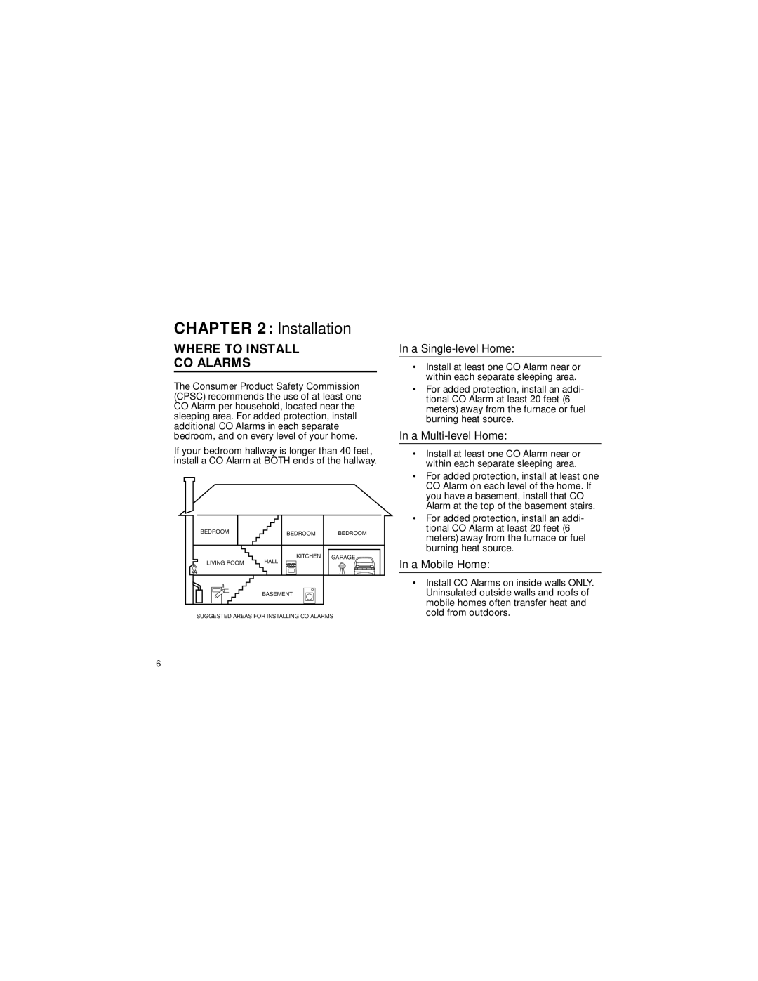 First Alert MODEL FCD3N Installation, Where to Install CO Alarms, A Single-level Home, A Multi-level Home, A Mobile Home 