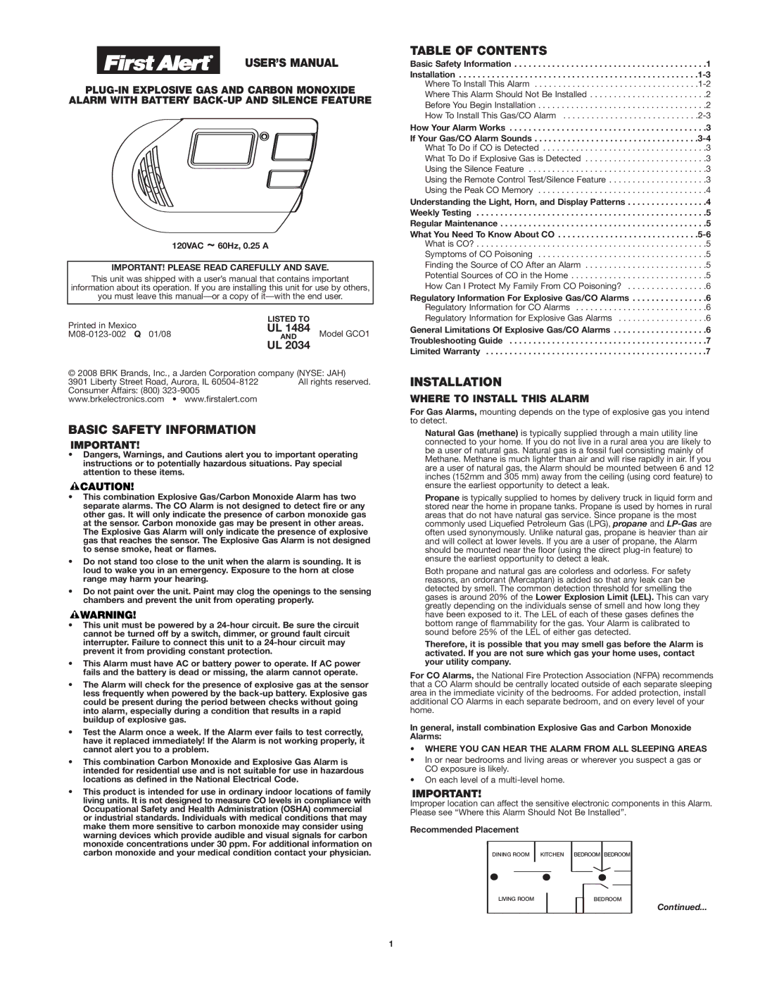 First Alert Model GCO1 user manual USER’S Manual, Basic Safety Information, Table of Contents, Installation 