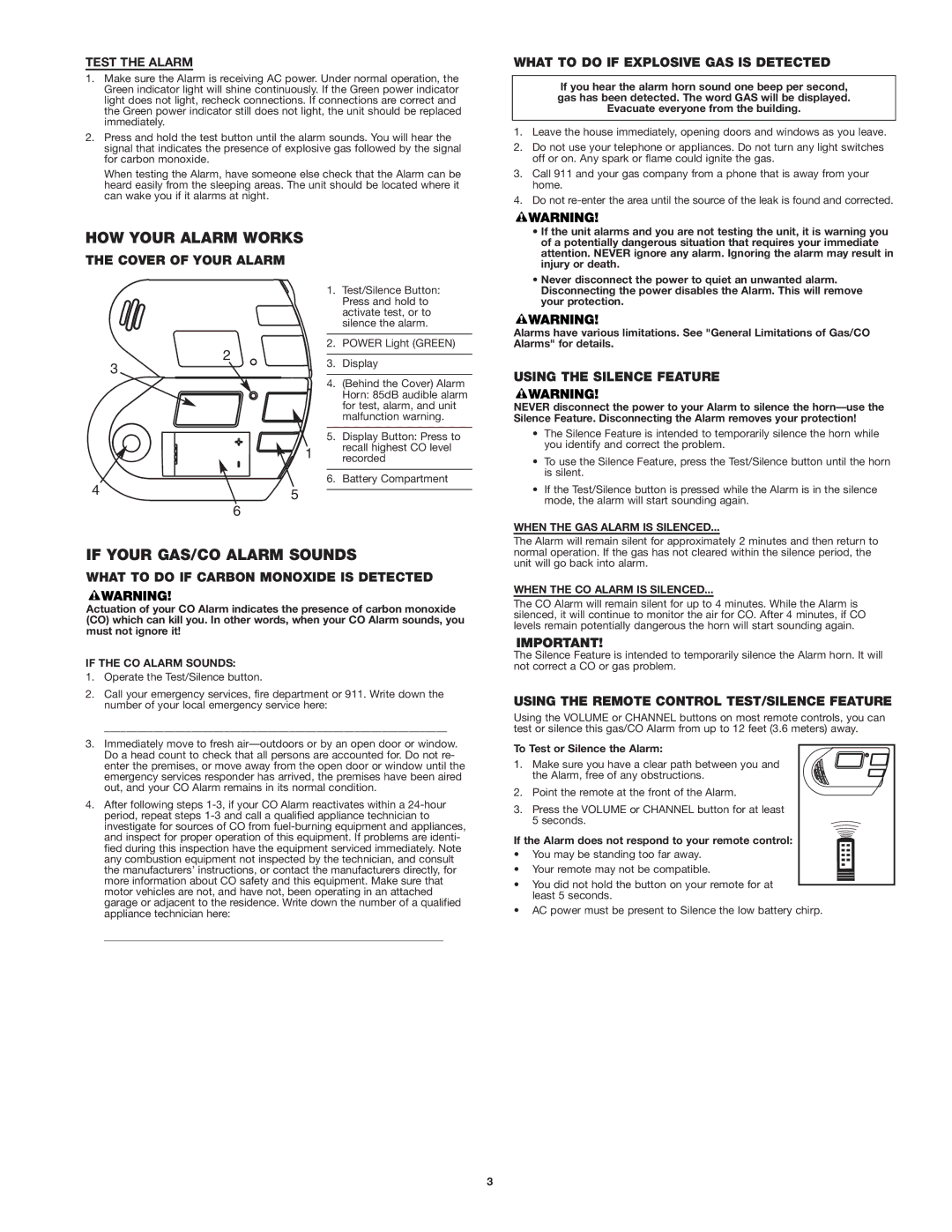 First Alert Model GCO1 user manual HOW Your Alarm Works, If Your GAS/CO Alarm Sounds 