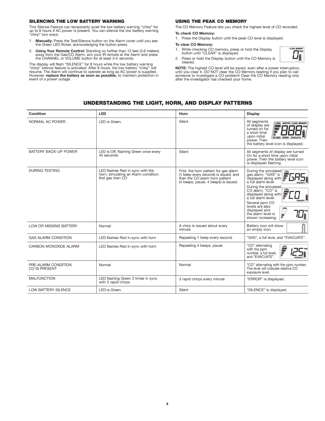 First Alert Model GCO1 Understanding the LIGHT, HORN, and Display Patterns, Silencing the LOW Battery Warning, Led 