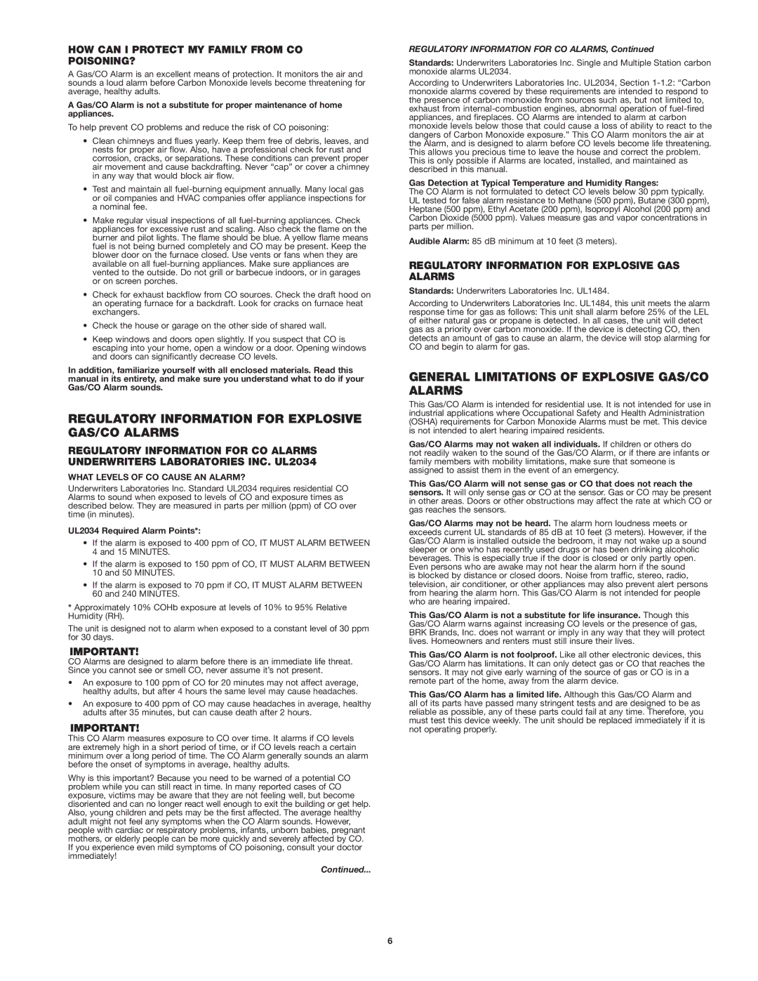 First Alert Model GCO1 Regulatory Information for Explosive GAS/CO Alarms, General Limitations of Explosive GAS/CO Alarms 