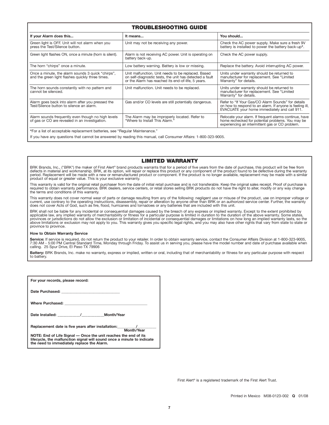 First Alert Model GCO1 user manual Troubleshooting Guide, Limited Warranty, If your Alarm does this It means You should 