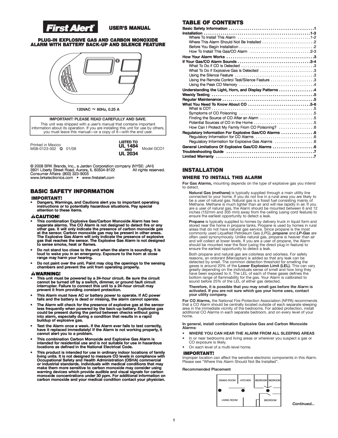 First Alert Model GCO1 user manual Basic Safety Information, Table Of Contents, Installation, Where To Install This Alarm 