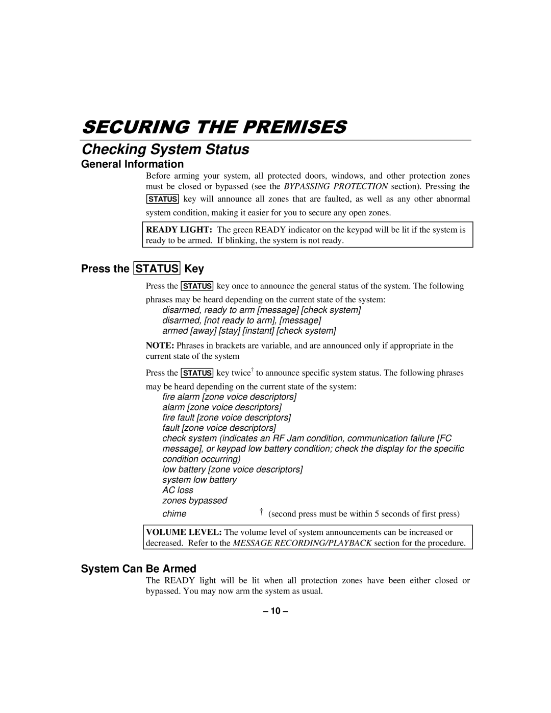First Alert N8891-1 manual Checking System Status, Press the Status Key, System Can Be Armed 