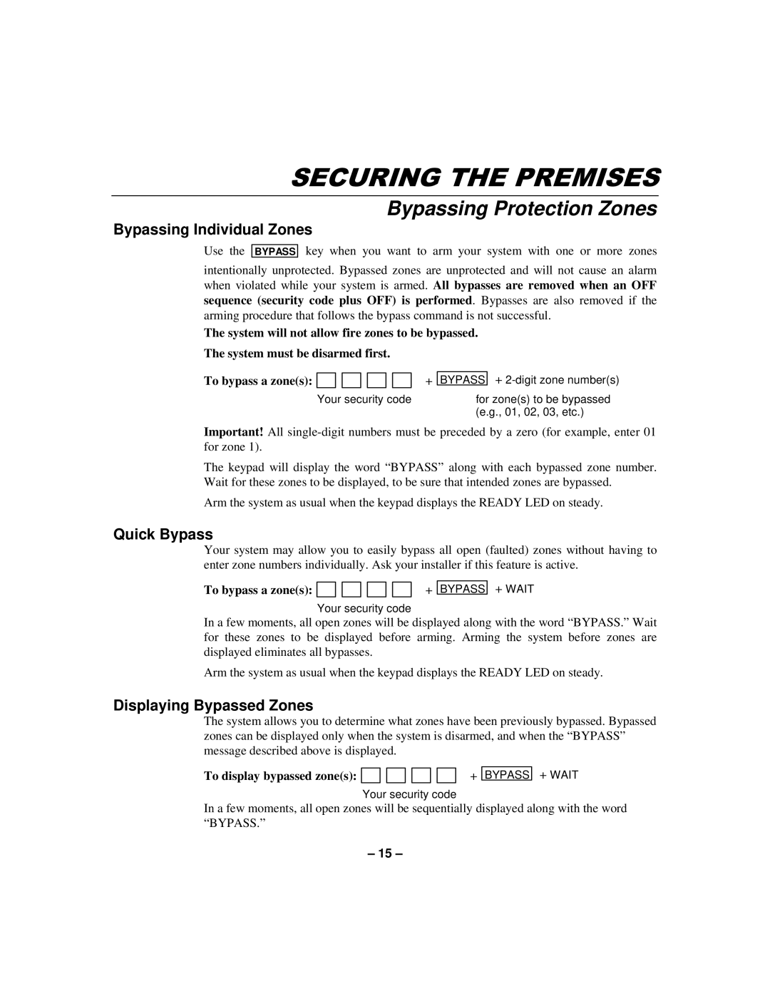 First Alert N8891-1 manual Bypassing Protection Zones, Bypassing Individual Zones, Quick Bypass, Displaying Bypassed Zones 