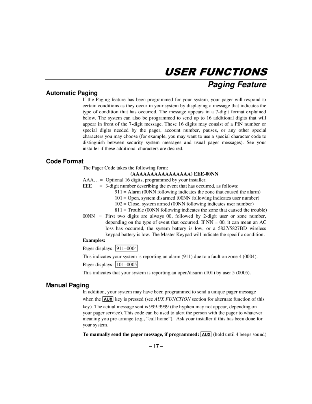 First Alert N8891-1 manual Paging Feature, Automatic Paging, Code Format, Manual Paging 