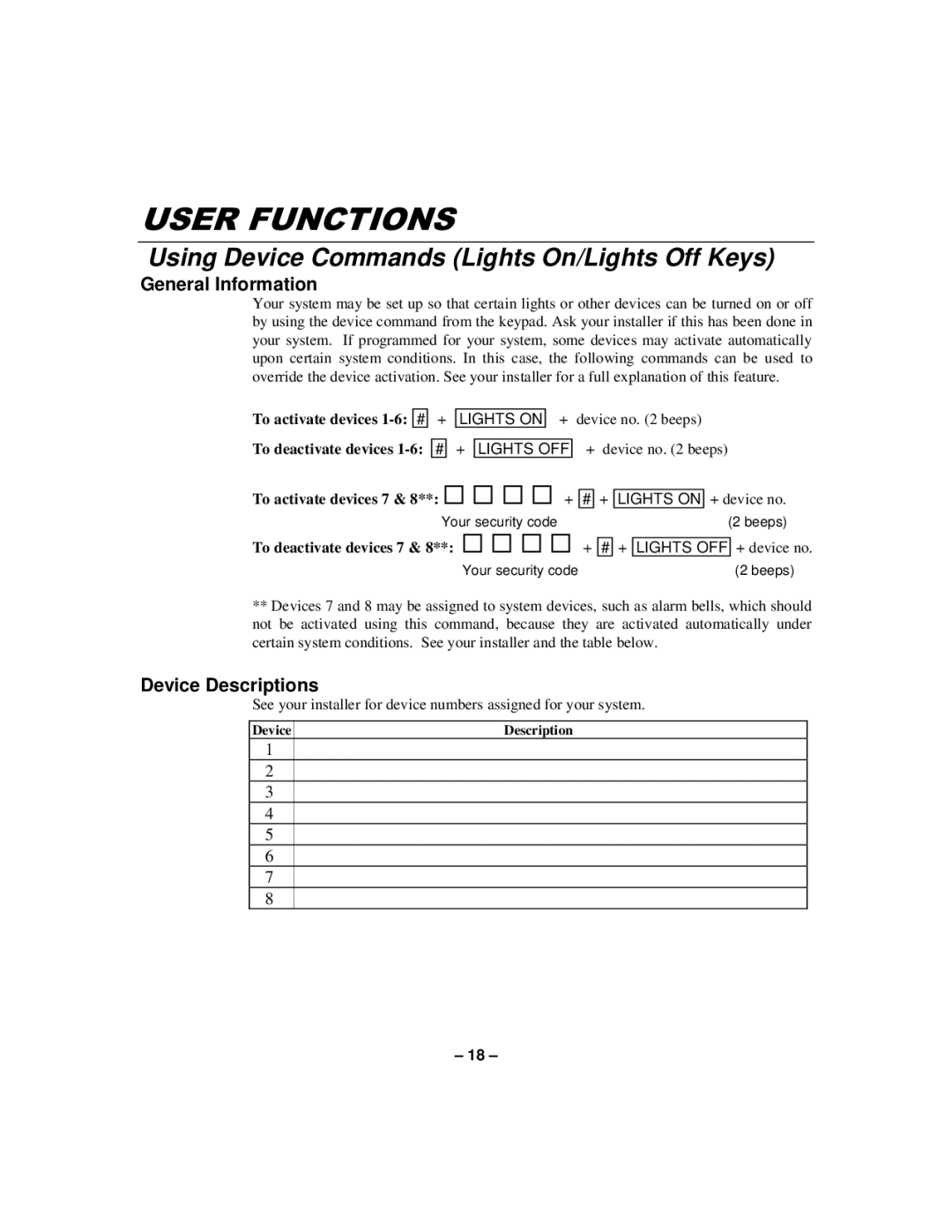 First Alert N8891-1 manual Using Device Commands Lights On/Lights Off Keys, Device Descriptions 