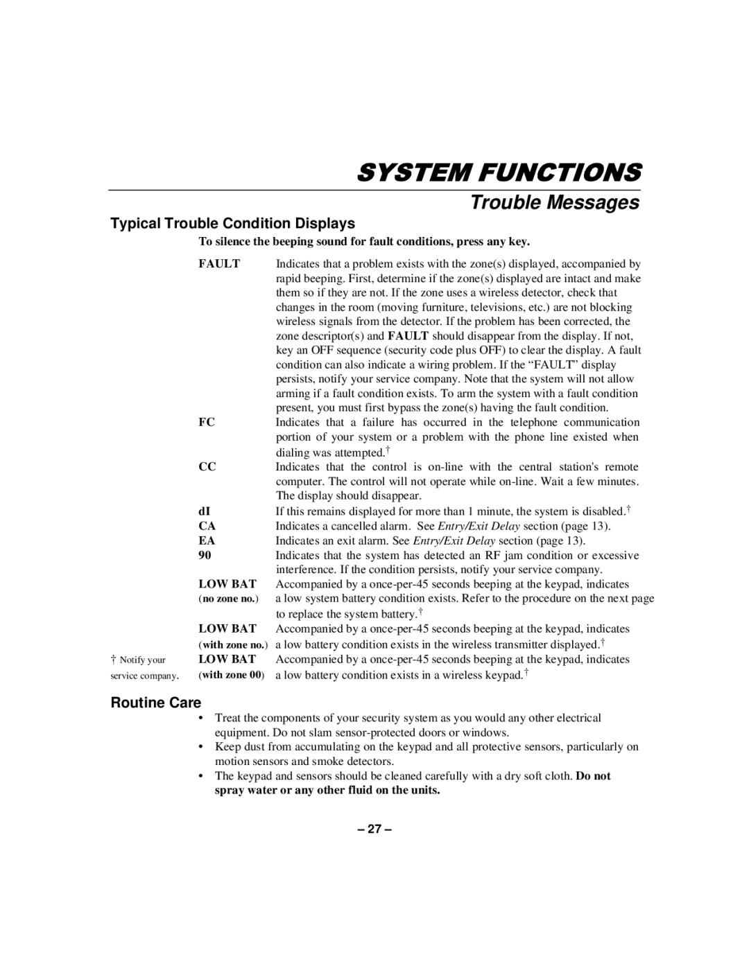 First Alert N8891-1 manual Trouble Messages, Typical Trouble Condition Displays, Routine Care 