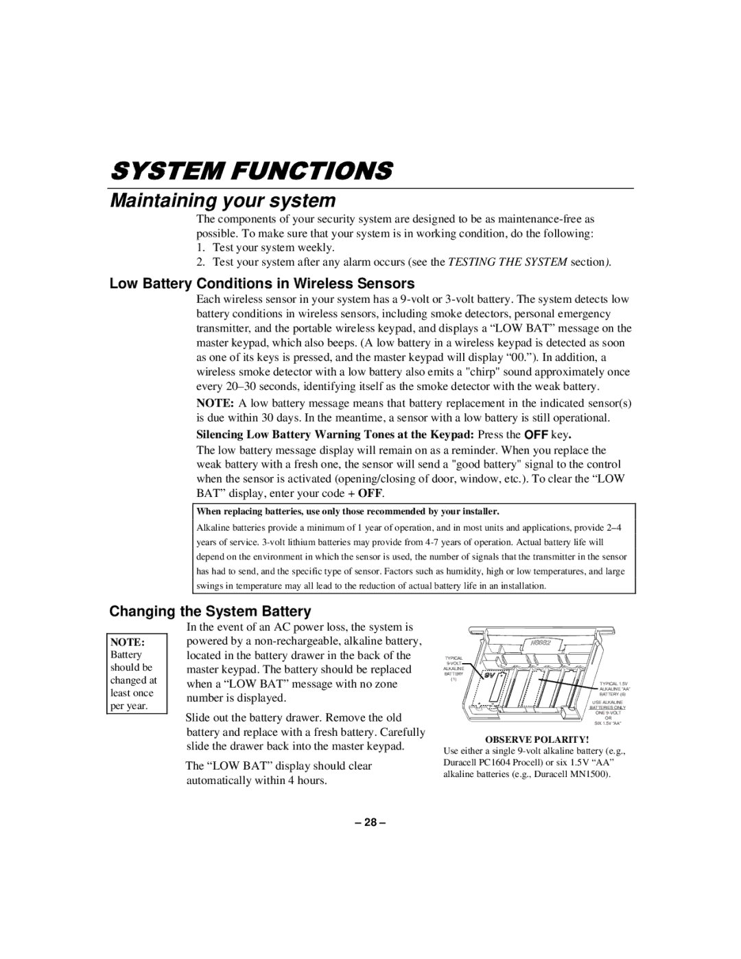 First Alert N8891-1 manual Maintaining your system, Low Battery Conditions in Wireless Sensors, Changing the System Battery 