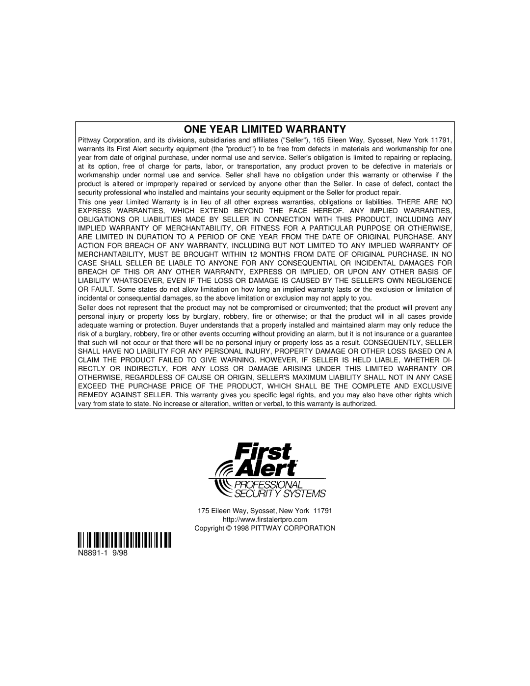 First Alert N8891-1 manual One Year Limited Warranty, ¬1%l 
