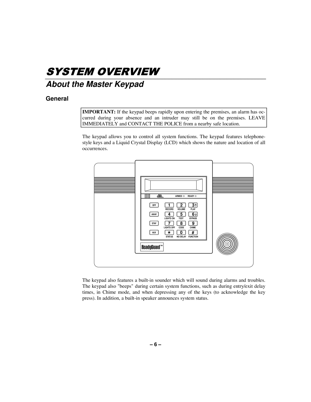 First Alert N8891-1 manual About the Master Keypad, General 