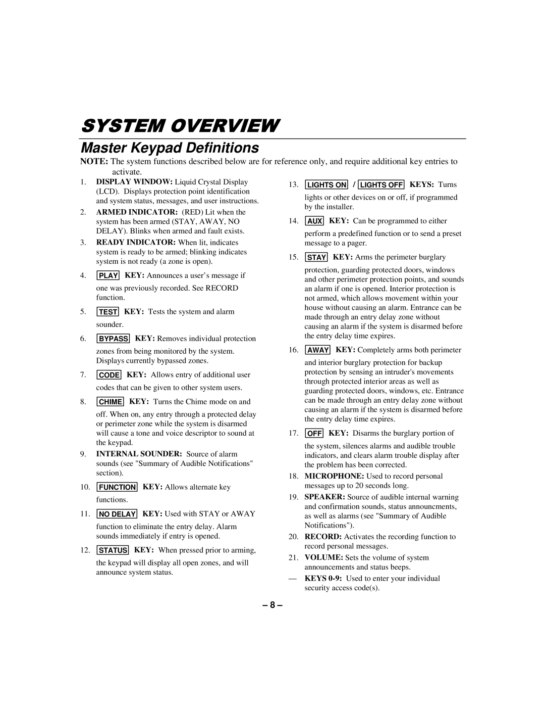 First Alert N8891-1 manual Master Keypad Definitions 