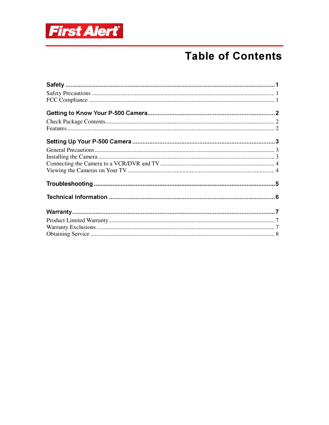 First Alert P-500 user manual Table of Contents 