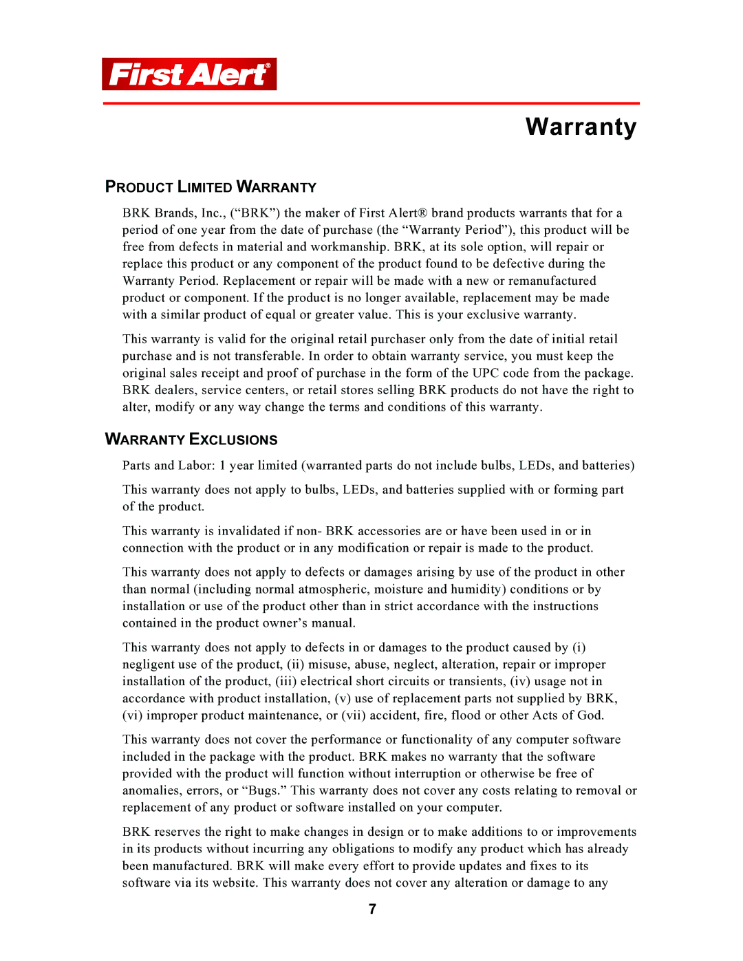 First Alert P-500 user manual Product Limited Warranty, Warranty Exclusions 