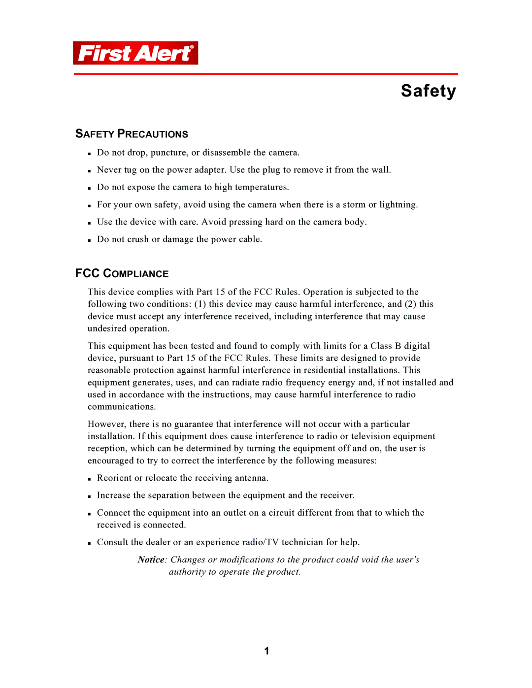 First Alert P-500 user manual Safety Precautions, FCC Compliance 