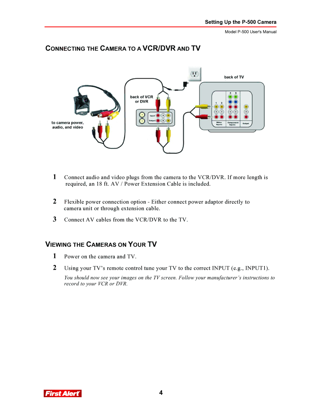 First Alert P-500 user manual Connecting the Camera to a VCR/DVR and TV, Viewing the Cameras on Your TV 