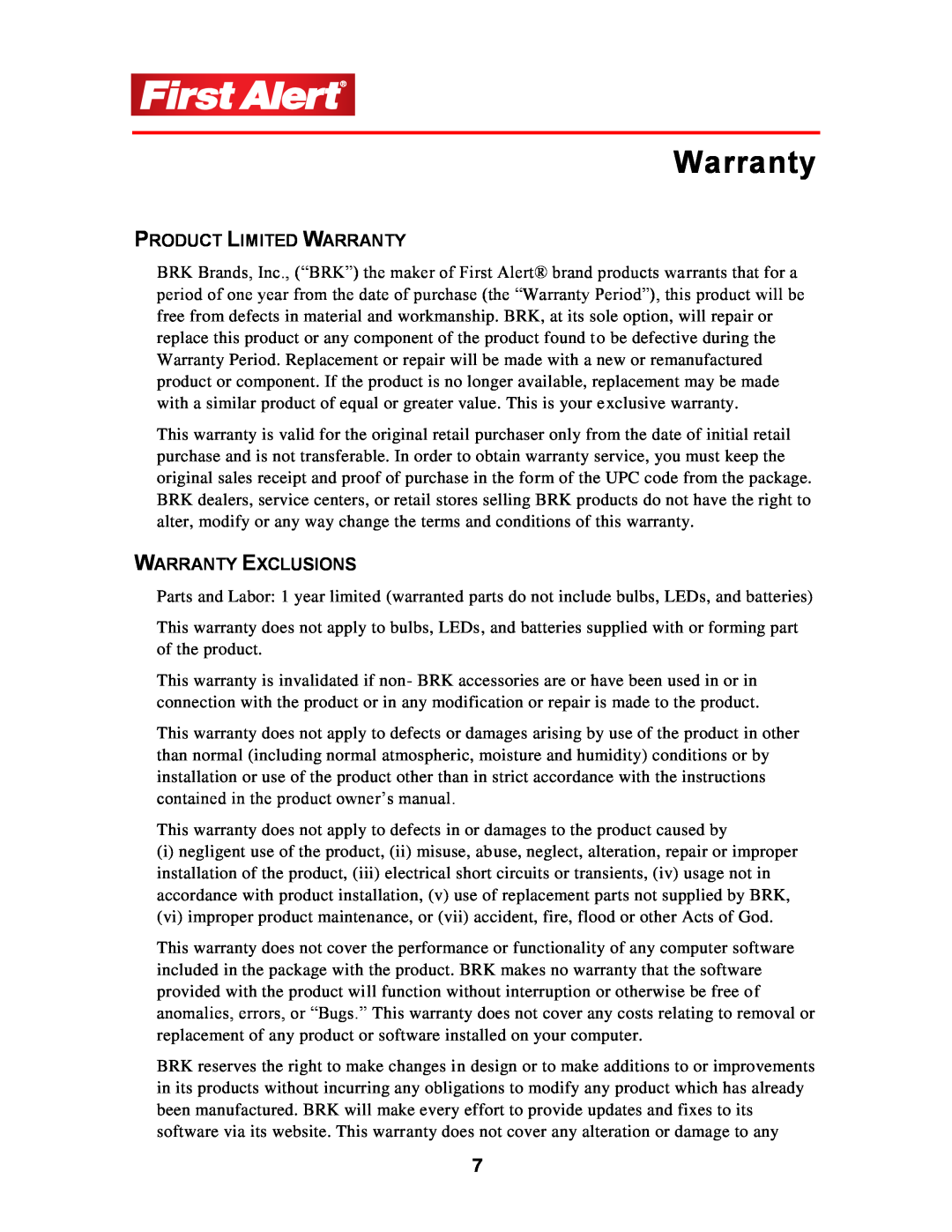 First Alert P-500 user manual Product Limited Warranty, Warranty Exclusions 