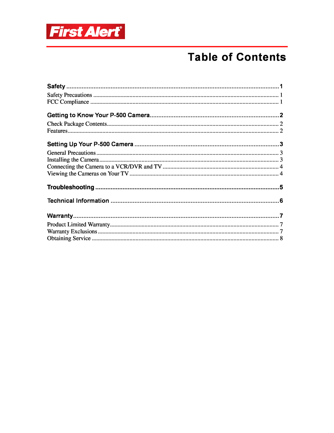 First Alert P-500 user manual Table of Contents 