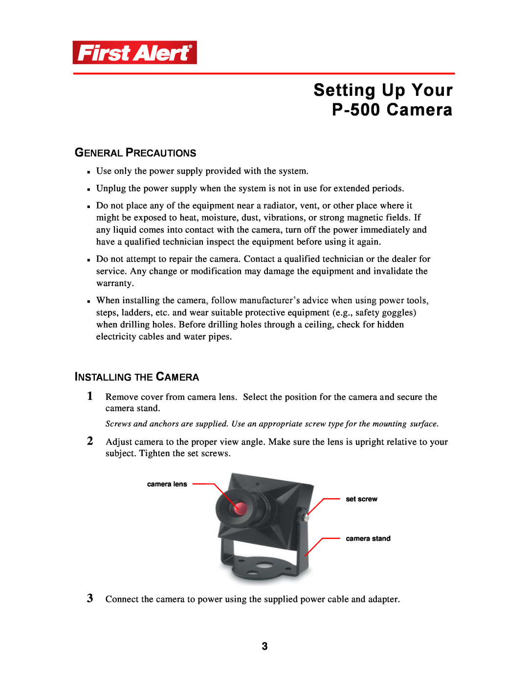 First Alert user manual Setting Up Your P-500Camera, General Precautions, Installing The Camera 