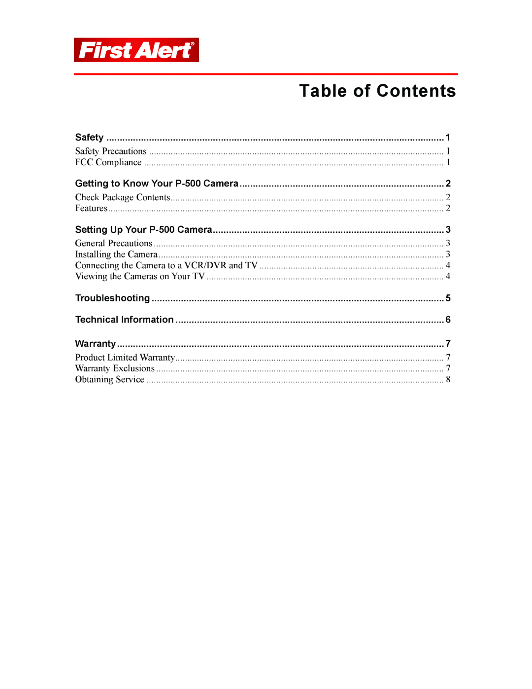 First Alert P-500 user manual Table of Contents 